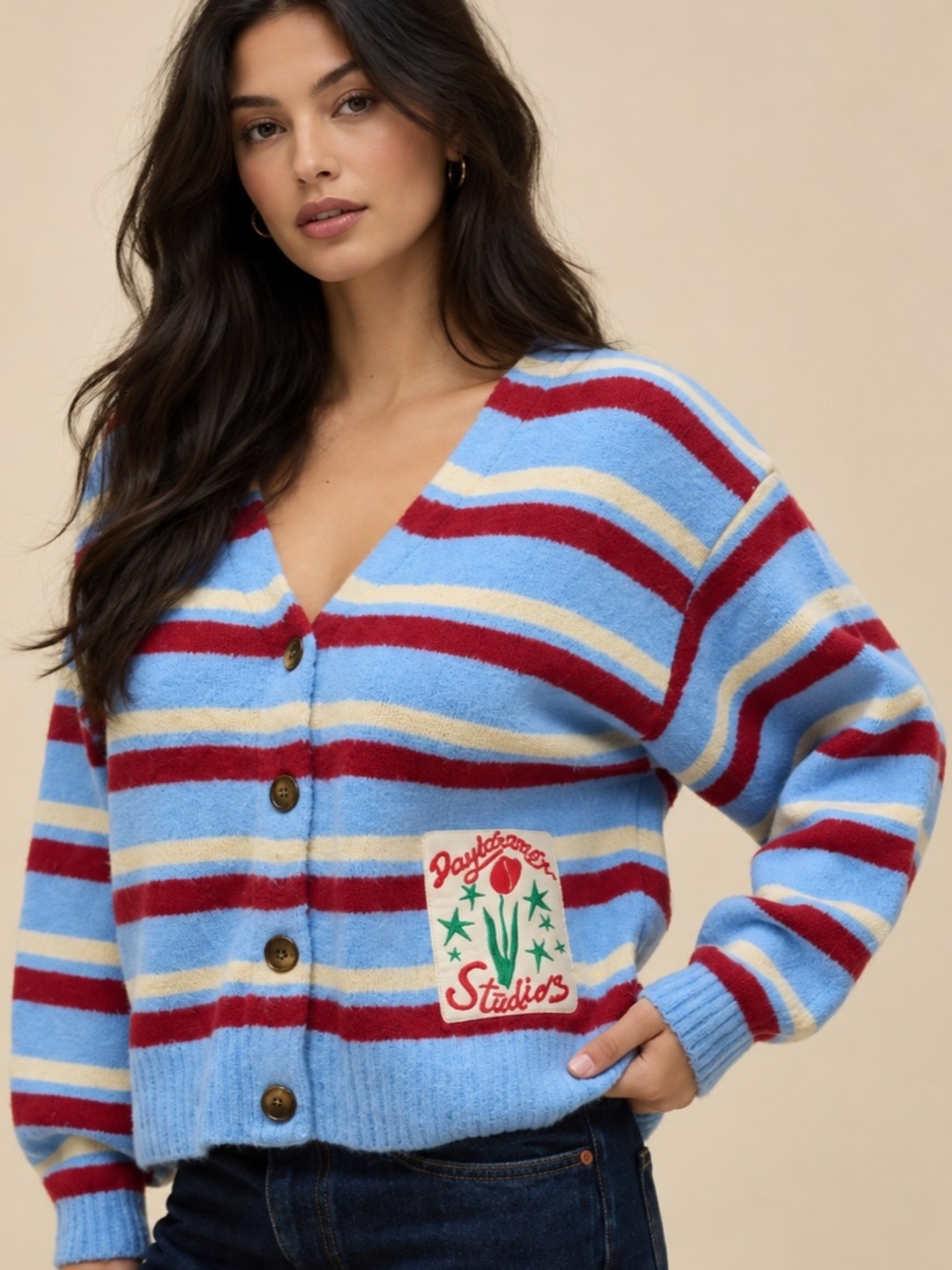 Daydreamer Blue, Red & Cream Striped V-Neck Cardigan